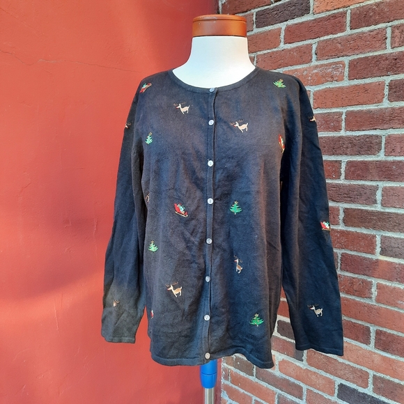 Vintage Y2K Ugly Christmas Sweater Embroidered Reindeer Cardigan Holiday - Picture 2 of 10